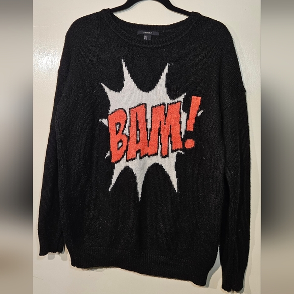 Forever 21 Sweaters - Forever 21 Graphic Knit Sweater Black “BAM!” Comic Pop Art – Size Large